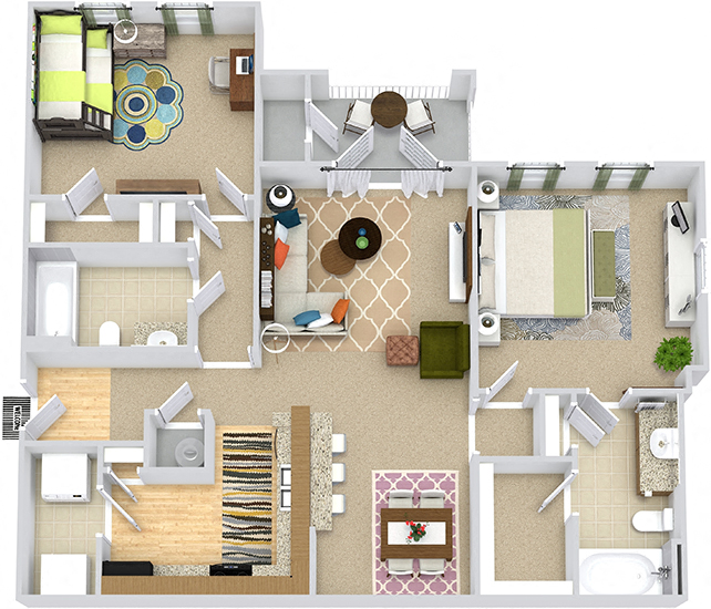 Floor plan for 2 beds, 2 baths, 1078 sqft